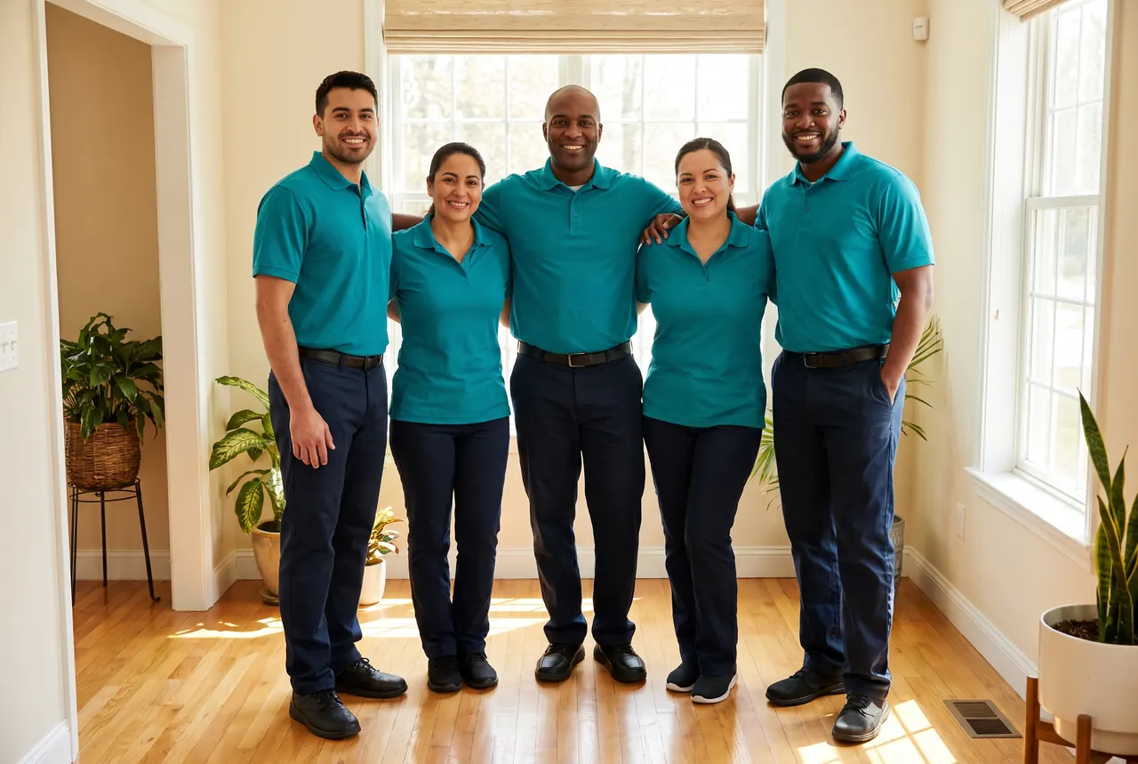 Five ST cleaners in teal polo shirts standing together in a bright home entryway